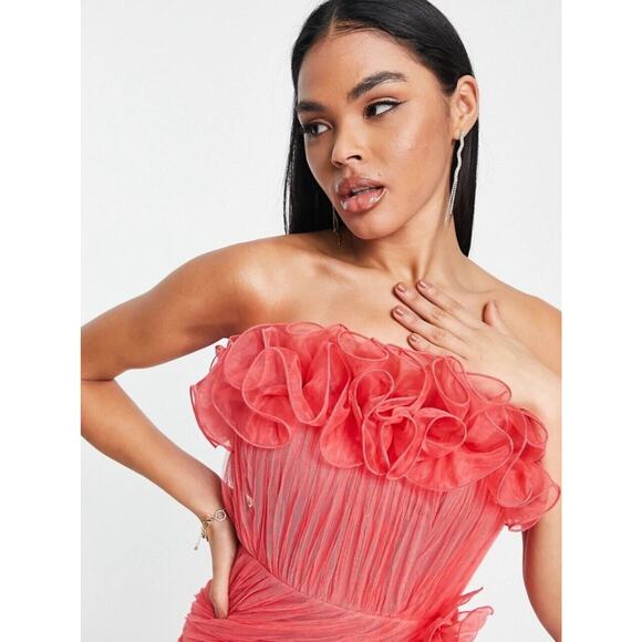 ASOS Design Red Bodycon Ruffle Mesh Bandeau Neck Strapless Mini Dress 4 - Picture 3 of 13
